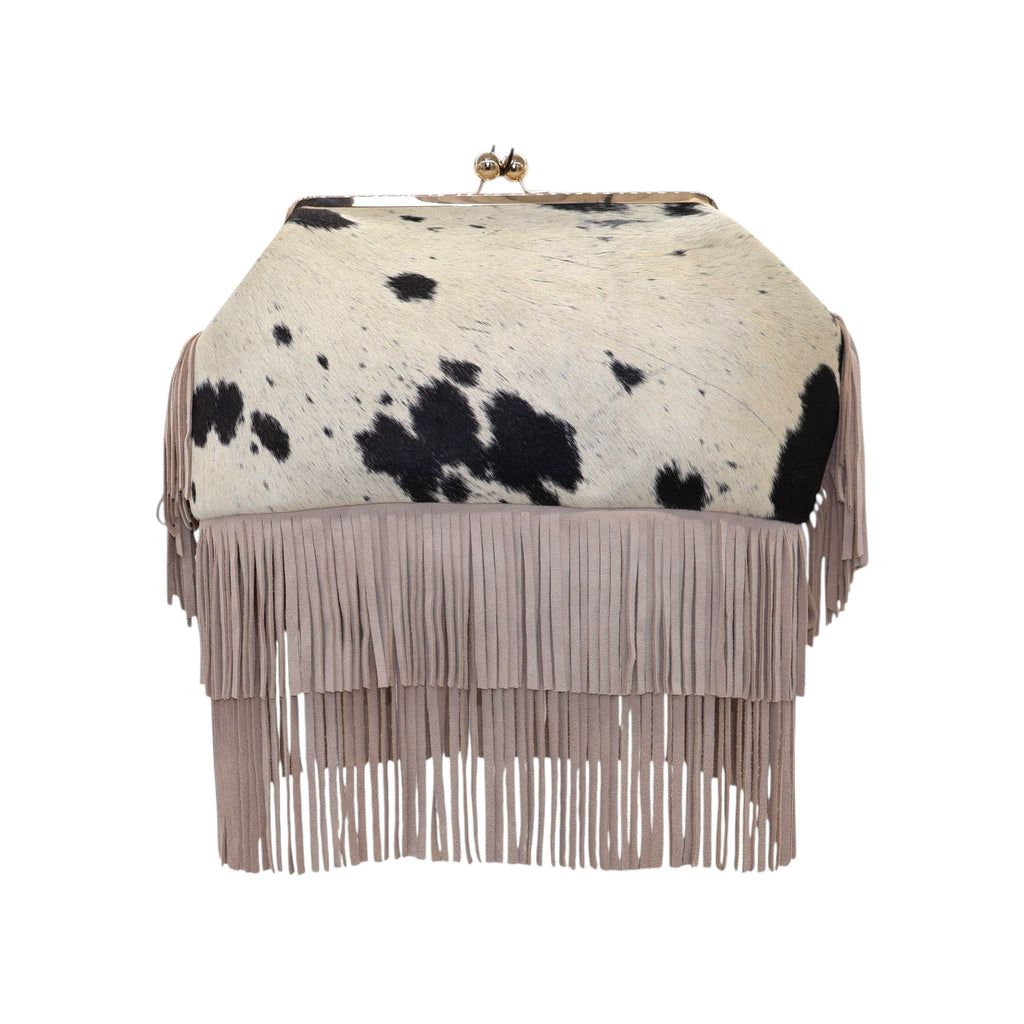 Jesalin Sette handbag in ivory and black cowhide with long taupe suede fringe and a gold kiss lock metal frame.