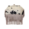 Jesalin Sette handbag in ivory and black cowhide with long taupe suede fringe and a gold kiss lock metal frame.