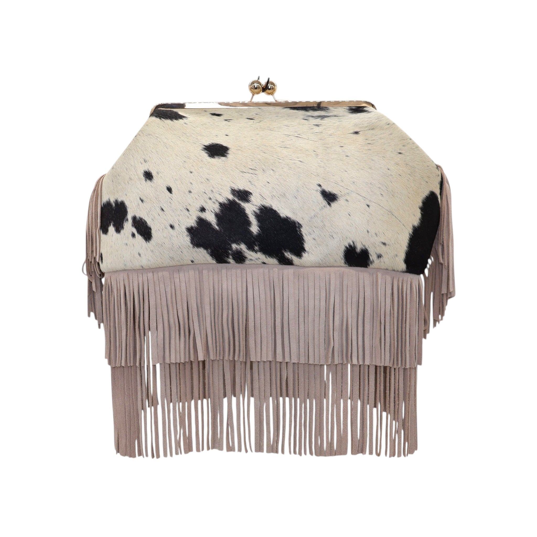 Jesalin Sette handbag in ivory and black cowhide with long taupe suede fringe and a gold kiss lock metal frame.