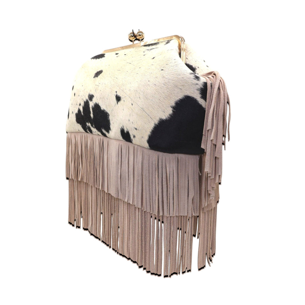 Jesalin Sette handbag in ivory and black cowhide with long taupe suede fringe and a gold kiss lock metal frame.