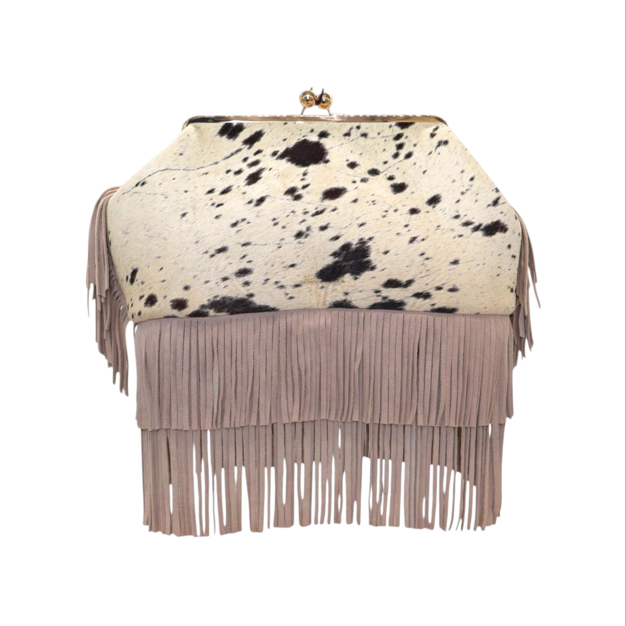 Jesalin Sette handbag in ivory and black cowhide with long taupe suede fringe and a gold kiss lock metal frame.