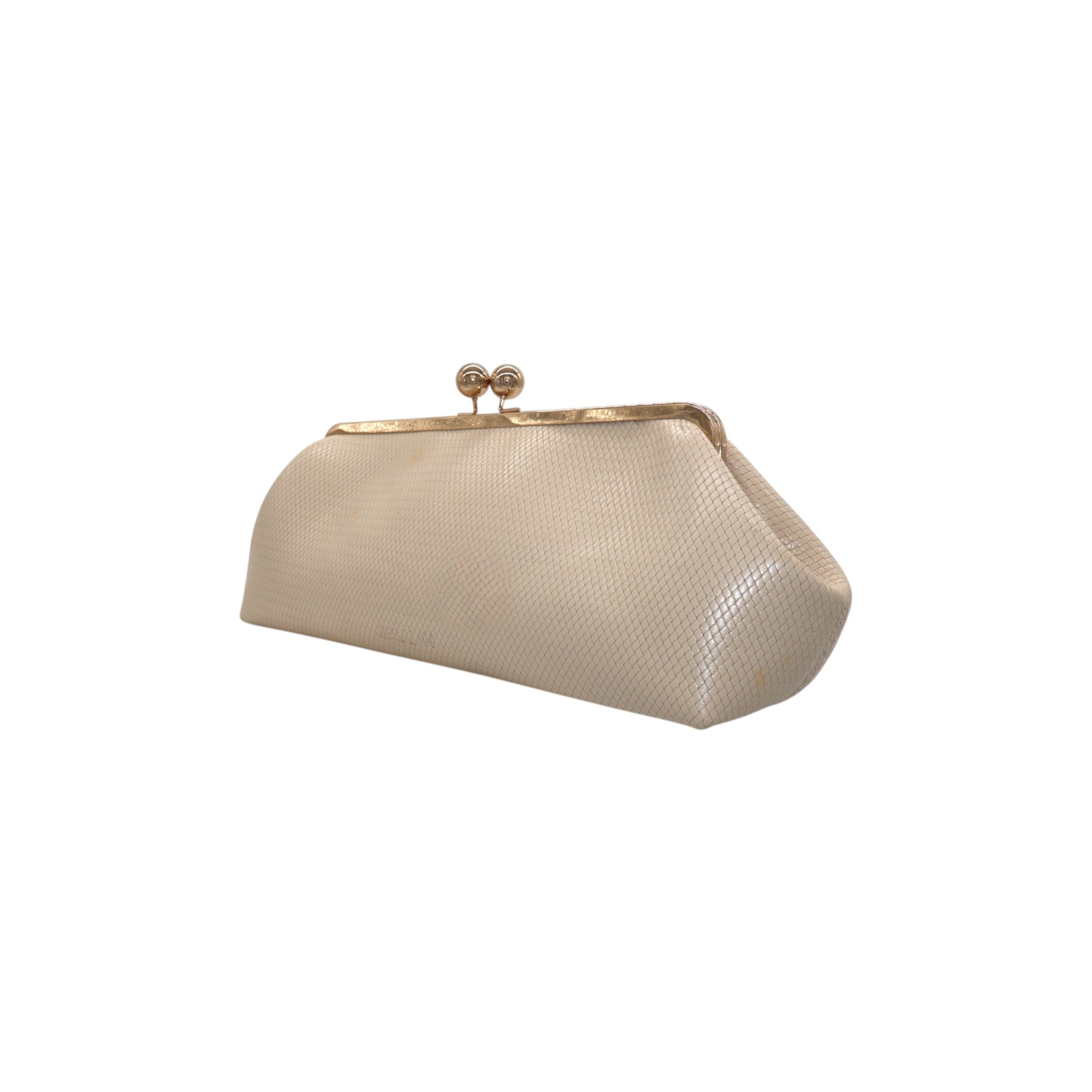 Jesalin Sette Lungo bone-colored elongated clutch with woven-effect leather texture and gold kiss-lock closure.