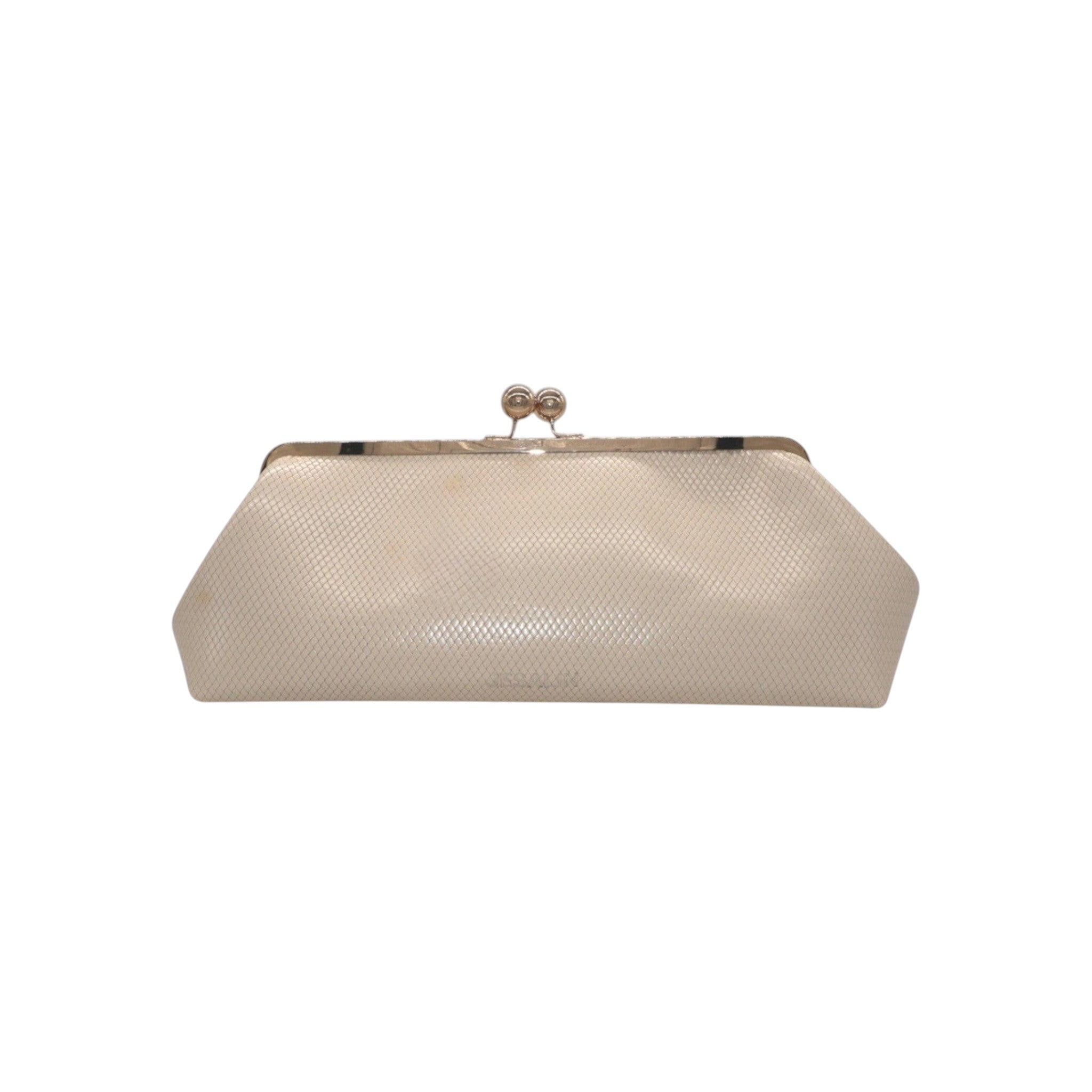 Jesalin Sette Lungo bone-colored clutch with a woven-texture leather finish and a classic kiss-lock metal clasp.