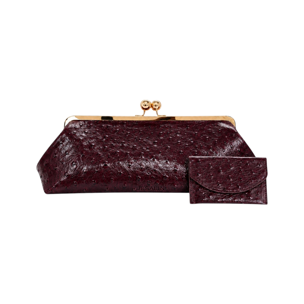 Jesalin Sette Lungo burgundy ostrich-embossed leather clutch with gold kisslock closure and matching card holder