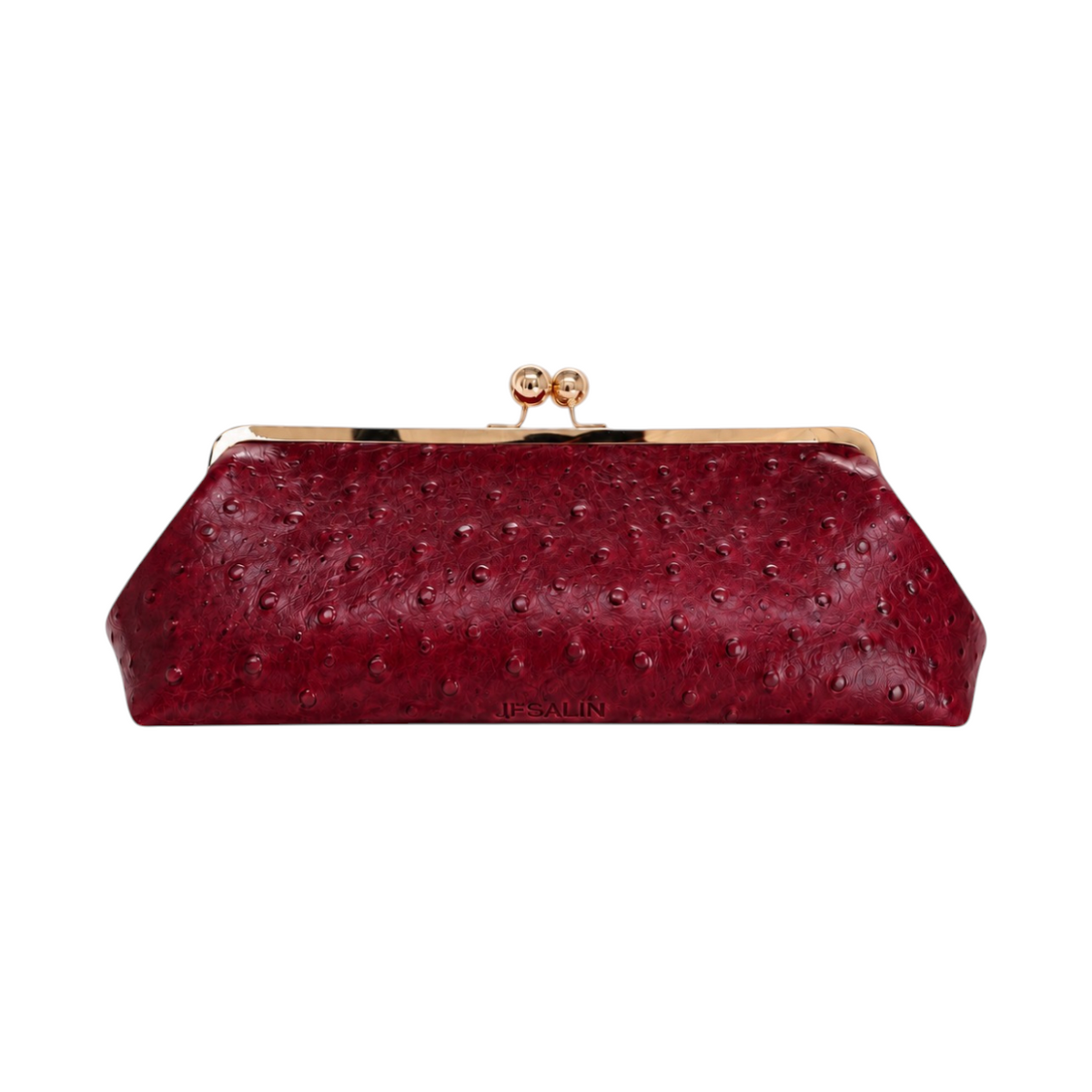 Jesalin Sette Lungo clutch in wine red ostrich-embossed leather with gold kisslock closure and soft pleats