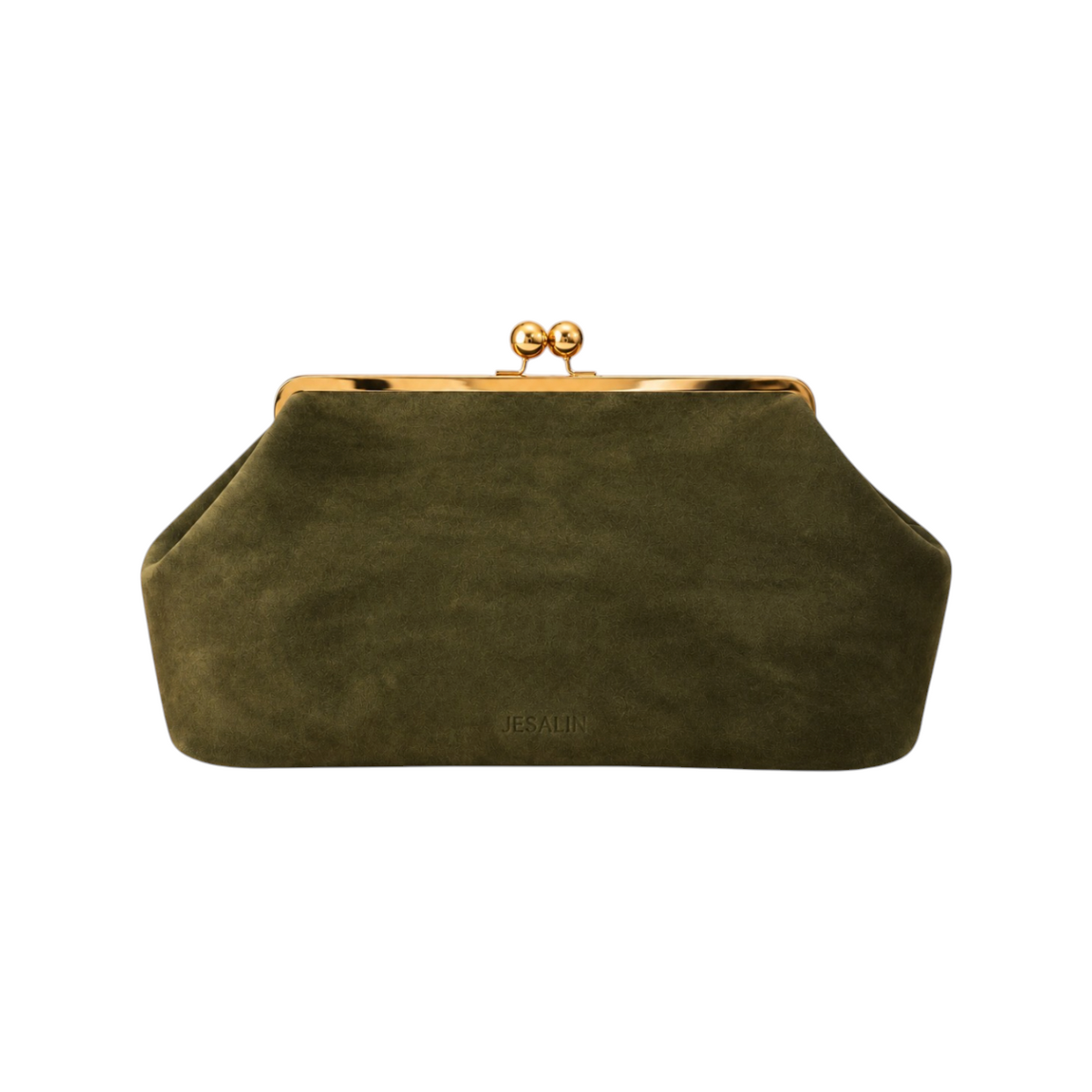Jesalin Sette olive green suede clutch bag with a gold metal frame and kiss-lock clasp closure