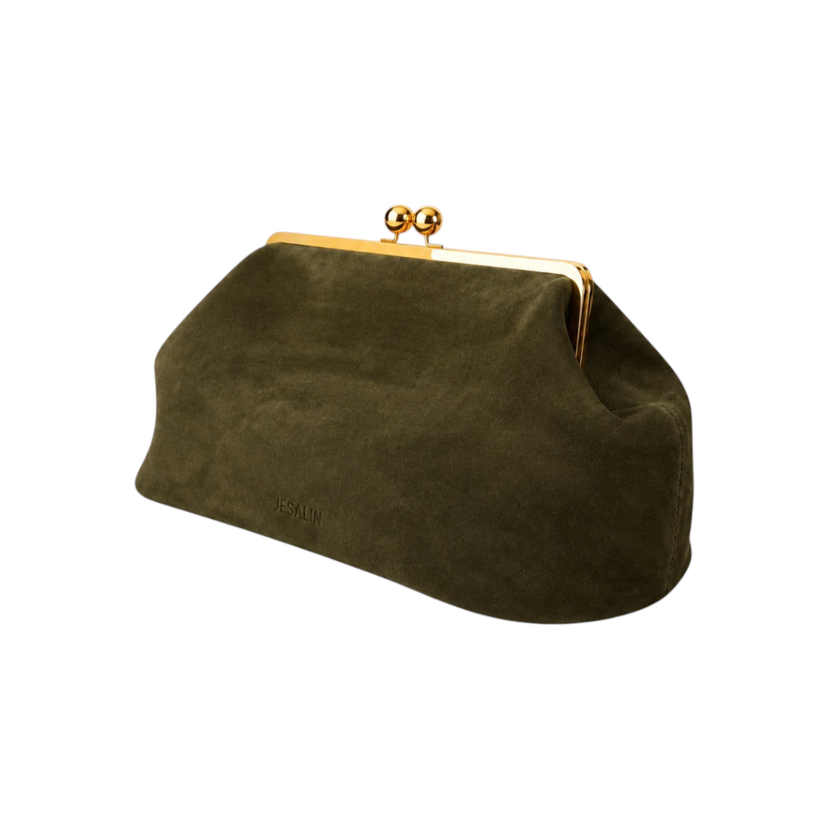 Jesalin Sette olive green suede clutch bag with a gold-toned metal kiss-lock frame closure