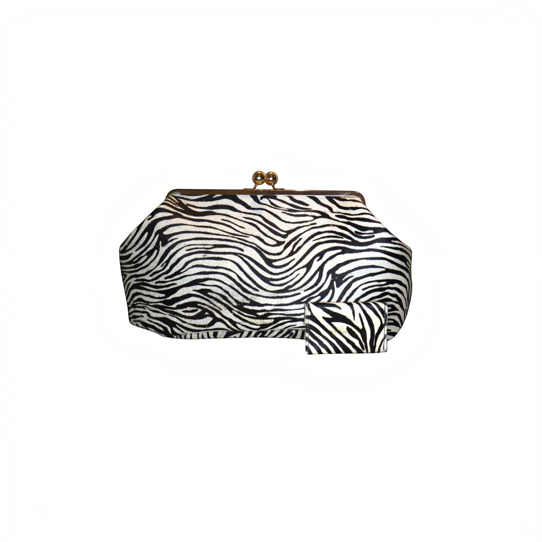 Jesalin Sette zebra print cowhide leather structured pouch with matching card holder and gold kiss-lock closure