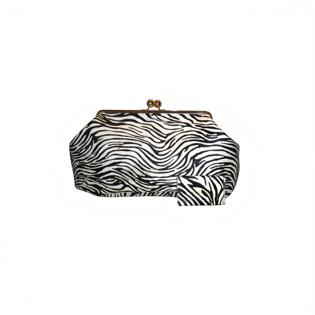Jesalin Sette zebra print cowhide leather structured pouch with matching card holder and gold kiss-lock closure
