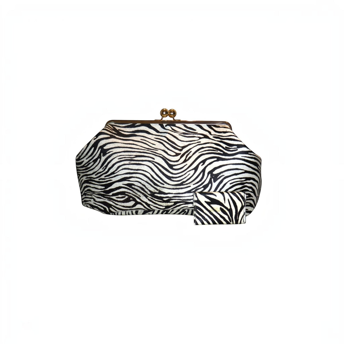 Jesalin Sette zebra print cowhide leather structured pouch with matching card holder and gold kiss-lock closure