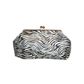 Jesalin Sette zebra print cowhide leather pouch with a structured frame and gold-tone clasp closure.
