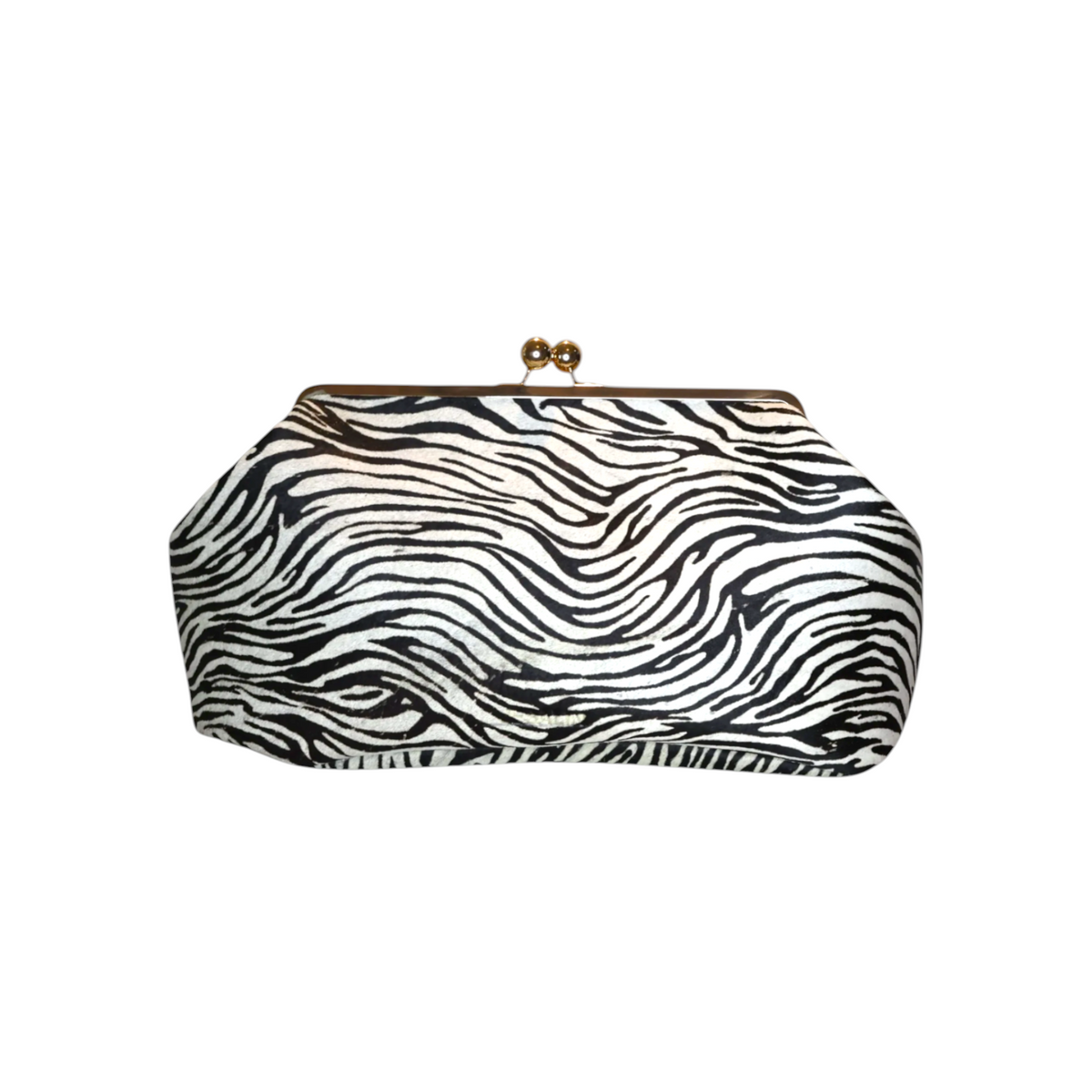 Jesalin Sette zebra print cowhide leather pouch with a structured frame and gold-tone clasp closure.