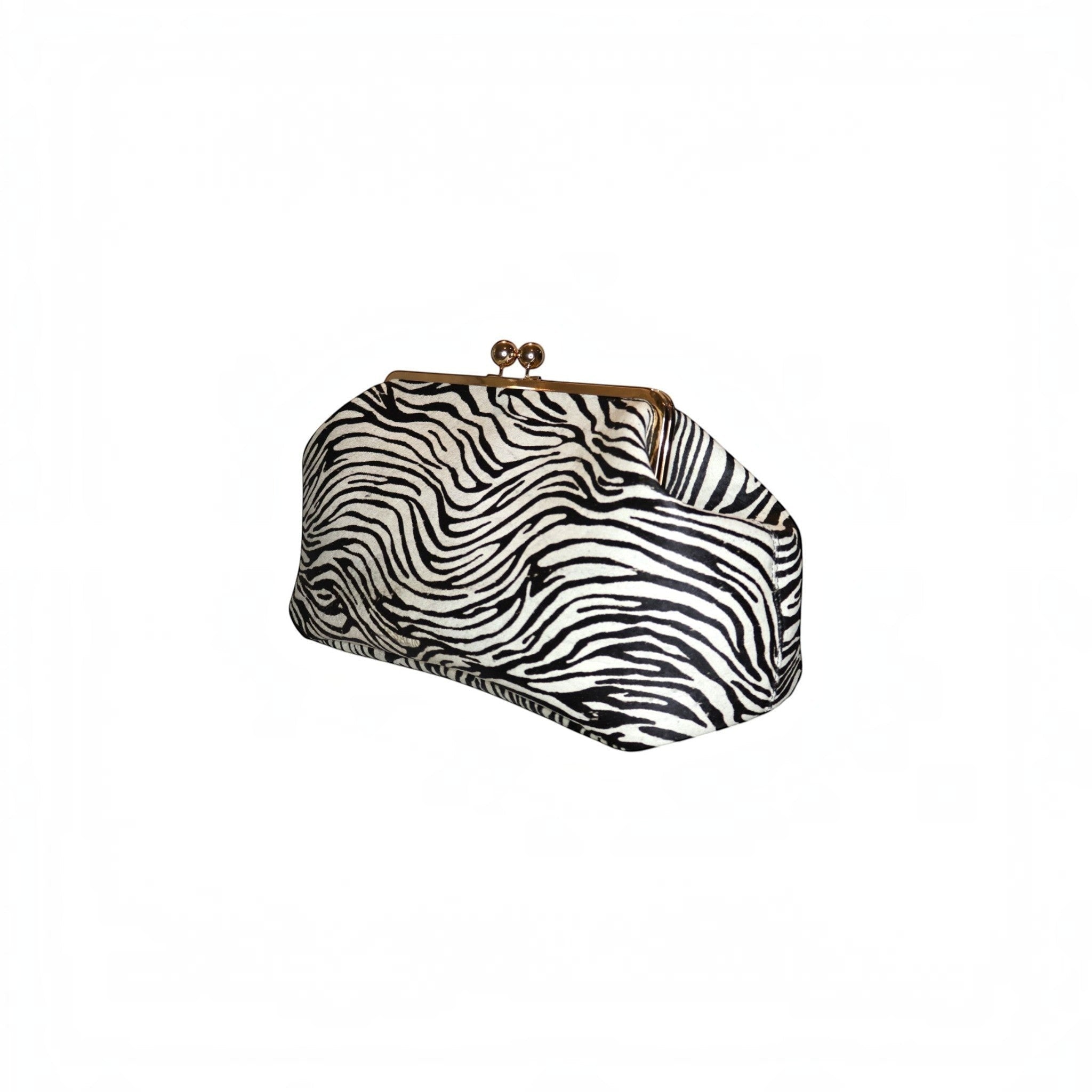Jesalin Sette zebra print cowhide leather structured pouch with a vintage-style gold metal kiss-lock clasp