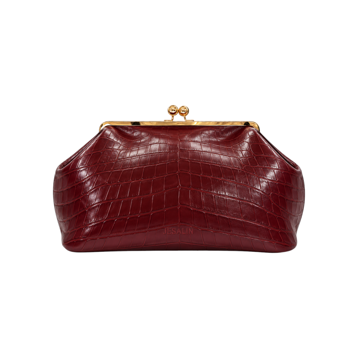 Jesalin Sette wine red glossy crocodile embossed leather clutch with gold kisslock closure